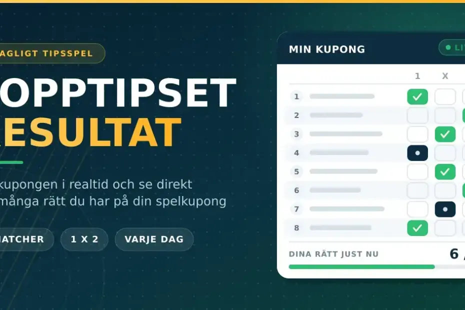 Illustration av en digital Topptipset-kupong med åtta matcher och 1 X 2-rutor där sex rätt är markerade med gröna bockar.