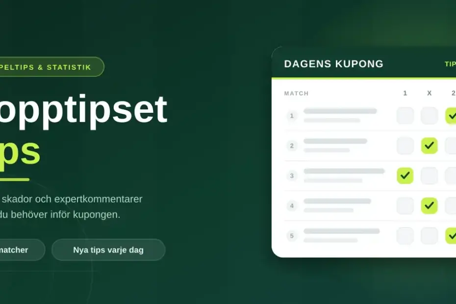 Grafik med rubriken ”Topptipset tips” bredvid en digital spelkupong där flera matcher är tippade med kryss i 1X2-rutorna.