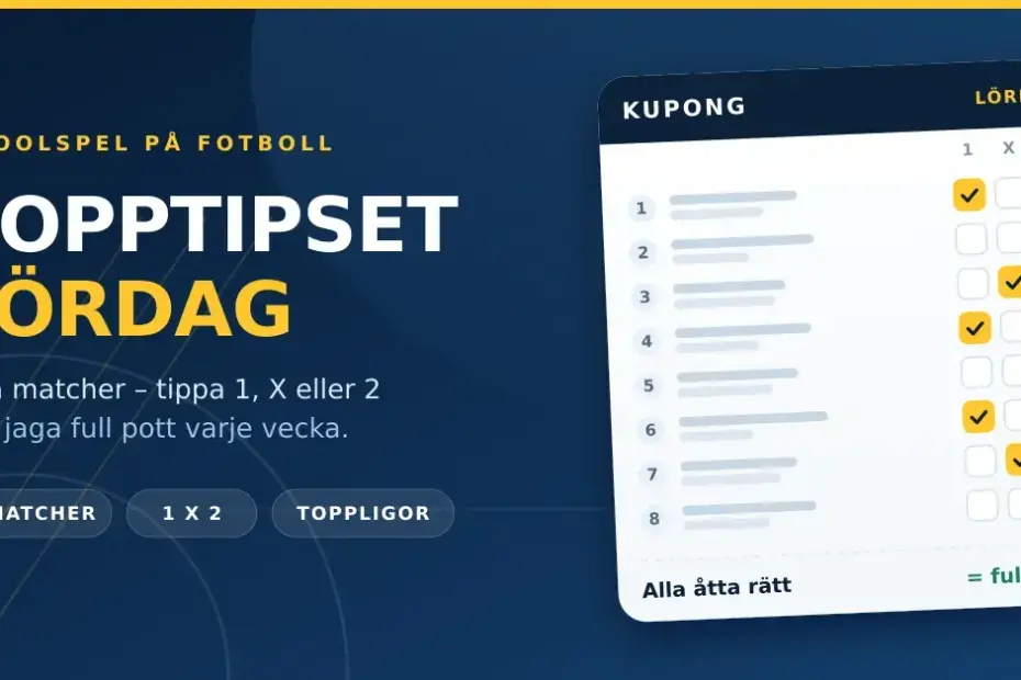 Grafik för Topptipset-lördag med en tipskupong där åtta fotbollsmatcher är ifyllda med 1, X eller 2.