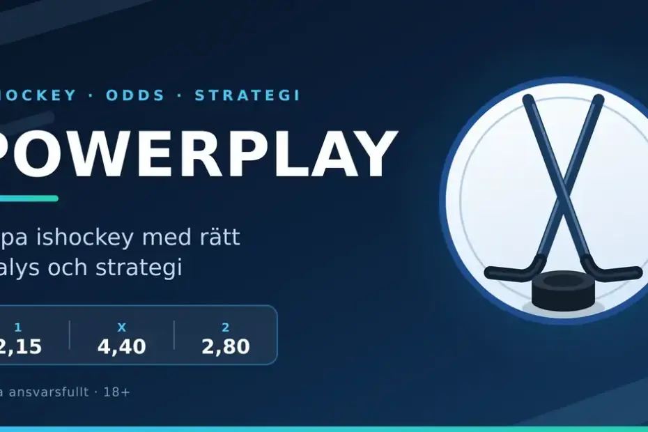 Grafik med rubriken "Powerplay" bredvid korsade ishockeyklubbor och en puck på en ljus iscirkel, samt en oddsrad med 1, X och 2.