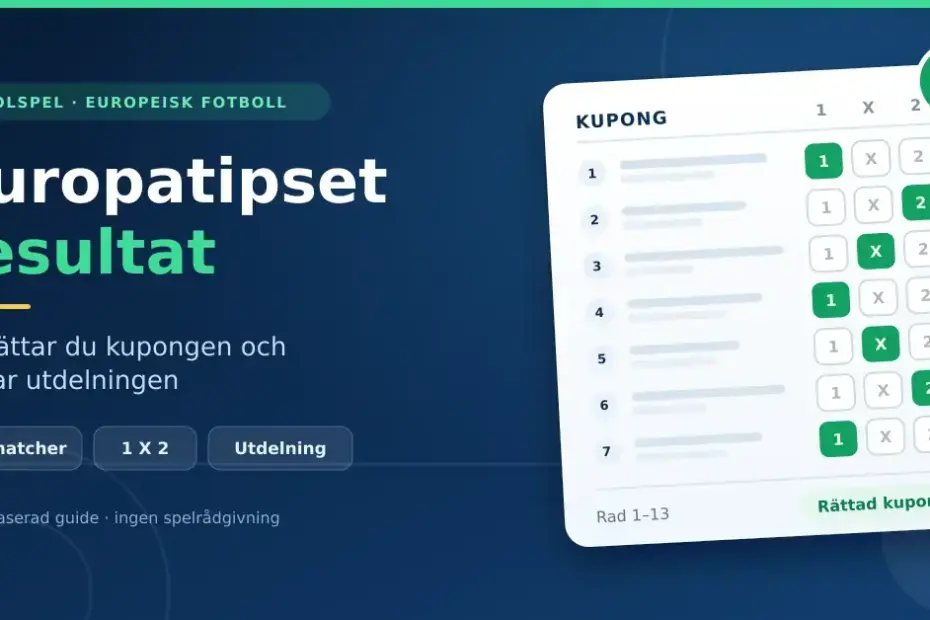 Illustration av en Europatipset-kupong med markerade 1X2-tecken och en grön bock, bredvid rubriken "Europatipset resultat – så rättar du kupongen och tolkar utdelningen".