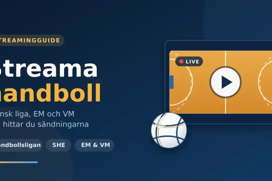 Illustration av en handbollsplan på en skärm med play-knapp och en handboll, med texten "Streama handboll".