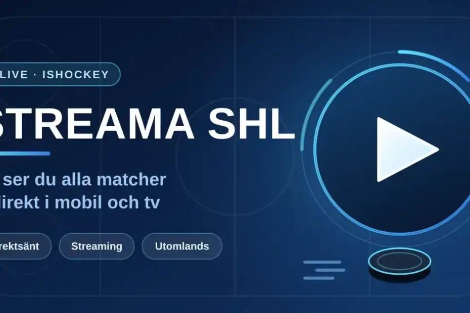 Grafik med texten "Streama SHL – så ser du alla matcher" och en play-knapp, ishockeypuck och rinkmarkeringar mot mörkblå bakgrund.