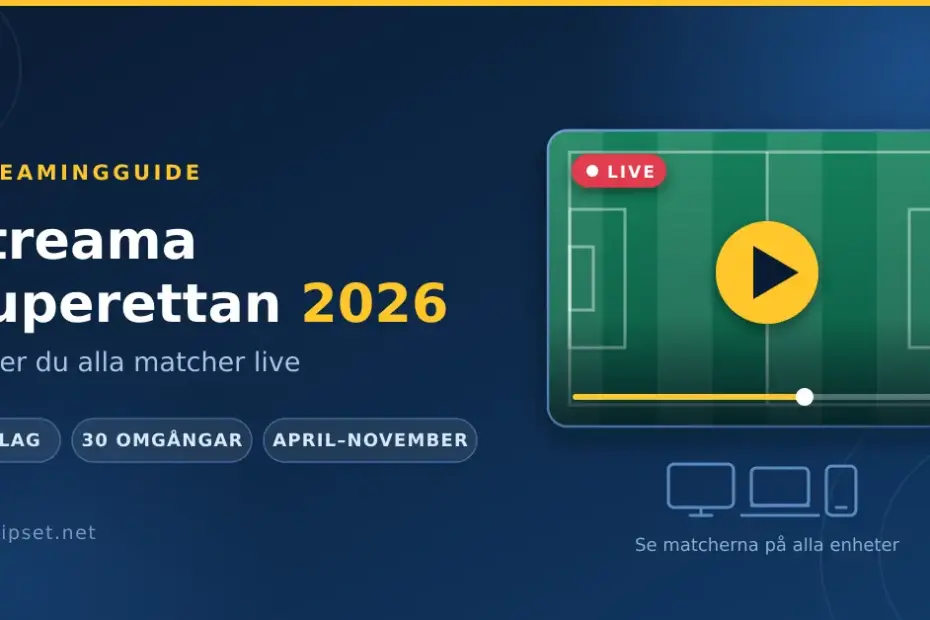 En grafik med texten "Streama Superettan 2026 – så ser du alla matcher live" bredvid en TV-skärm som visar en fotbollsplan uppifrån med en play-knapp och en live-symbol.