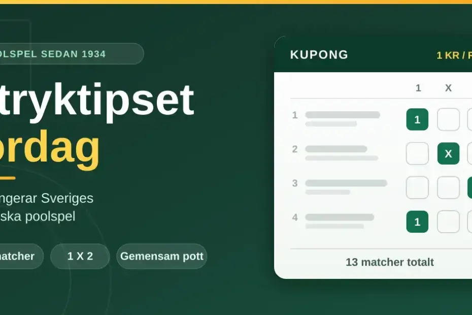 Grafik med texten "Stryktipset lördag – så fungerar Sveriges klassiska poolspel" bredvid en illustrerad tipskupong där tecknen 1, X och 2 är ikryssade för 13 matcher.