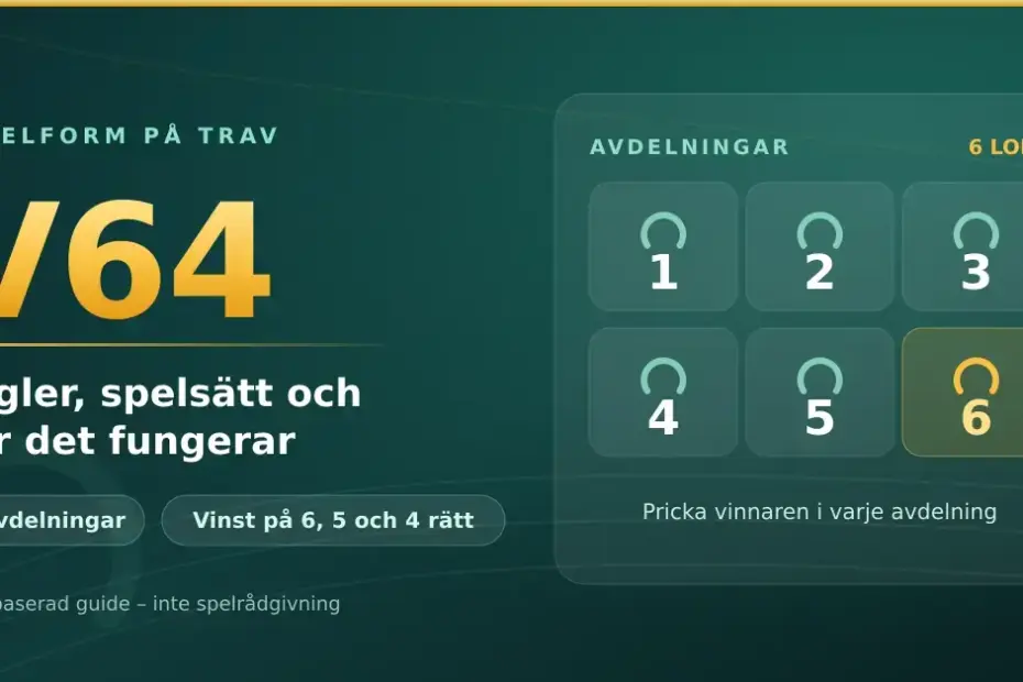 Grafik i mörkgrönt och guld med rubriken V64 – regler, spelsätt och hur det fungerar, samt sex numrerade rutor som visar spelets sex avdelningar på trav.