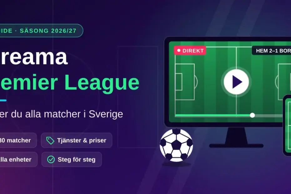 Illustration med texten "Streama Premier League – Så ser du alla matcher i Sverige" bredvid en tv och en mobil som visar en fotbollsplan med playknapp, samt en fotboll mot lila bakgrund.