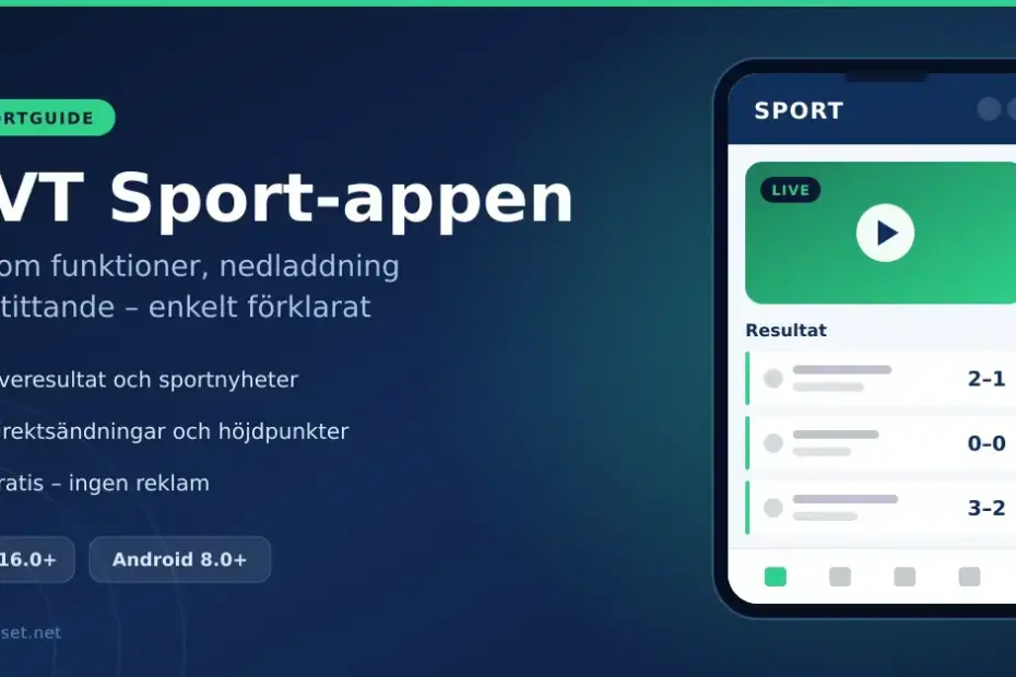 Grafik med texten "SVT Sport-appen" och en mobiltelefon som visar sportappens gränssnitt med livesändning och matchresultat.