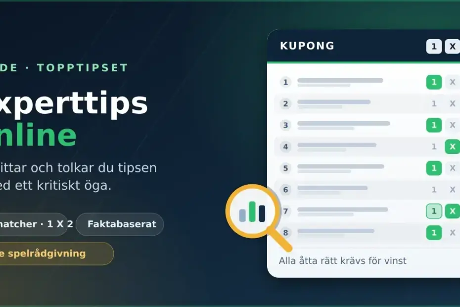 Grafik med rubriken ”Experttips online” och en illustrerad Topptipset-kupong med åtta matcher där 1, X eller 2 är ikryssat, samt ett förstoringsglas med stapeldiagram som symboliserar analys av speltips.