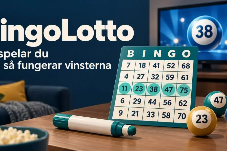 Illustration av en bingobricka med en markerad rad, bingobollar och en tv, med texten ”BingoLotto – Så spelar du och så fungerar vinsterna”.