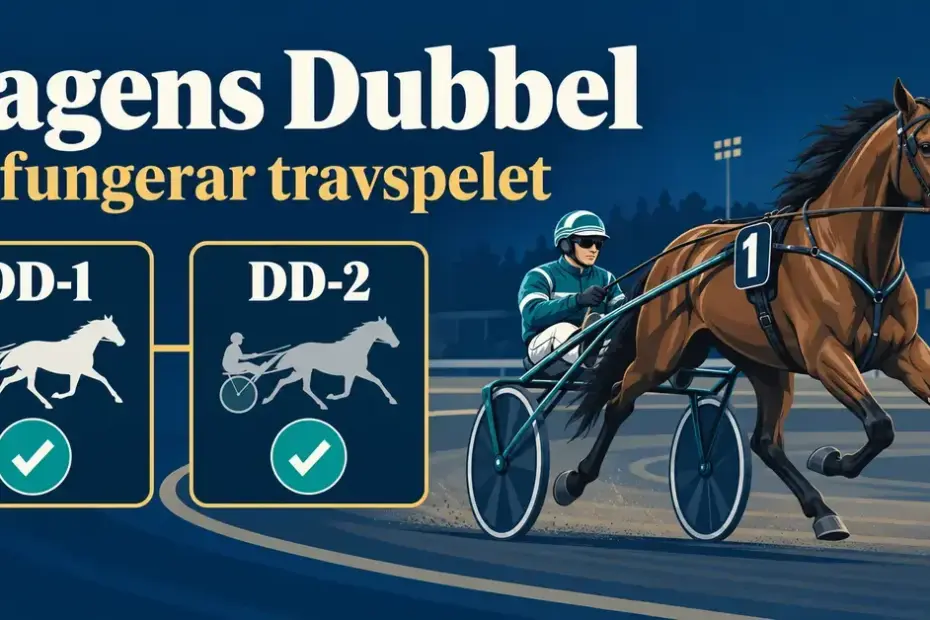 Illustration av en travhäst med sulky och kusk bredvid två markerade rutor för DD-1 och DD-2 samt texten ”Dagens Dubbel – Så fungerar travspelet”.