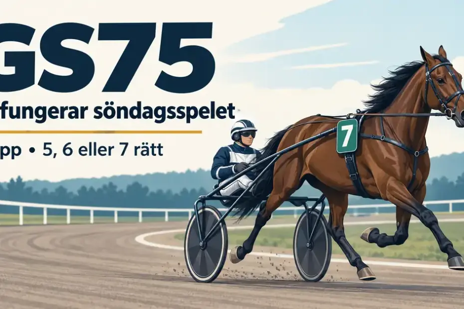 Illustration av en travhäst med sulky och kusk på en travbana intill text om GS75, söndagsspelet med sju lopp och utdelning för fem, sex eller sju rätt.