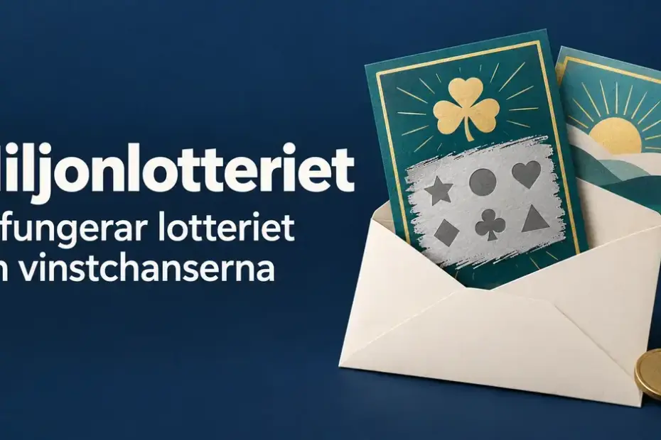 Illustration av skraplotter i ett öppet kuvert med ett mynt bredvid och texten ”Miljonlotteriet – så fungerar lotteriet och vinstchanserna”.