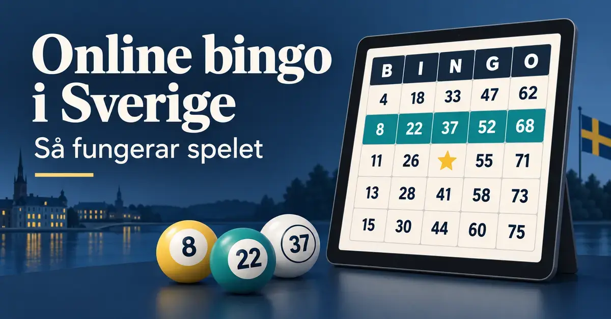 En surfplatta med en digital bingobricka och markerad rad intill tre numrerade bingobollar, med texten ”Online bingo i Sverige – Så fungerar spelet”.