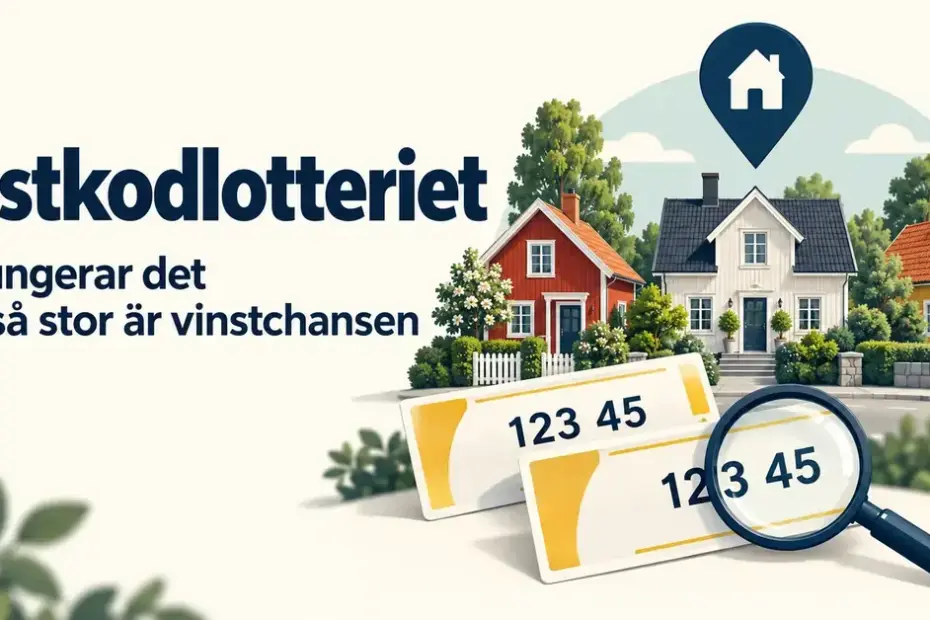 Illustration av tre svenska hus, en platsmarkör och lotter med postnummer under ett förstoringsglas, med text om hur Postkodlotteriet fungerar och hur stor vinstchansen är.