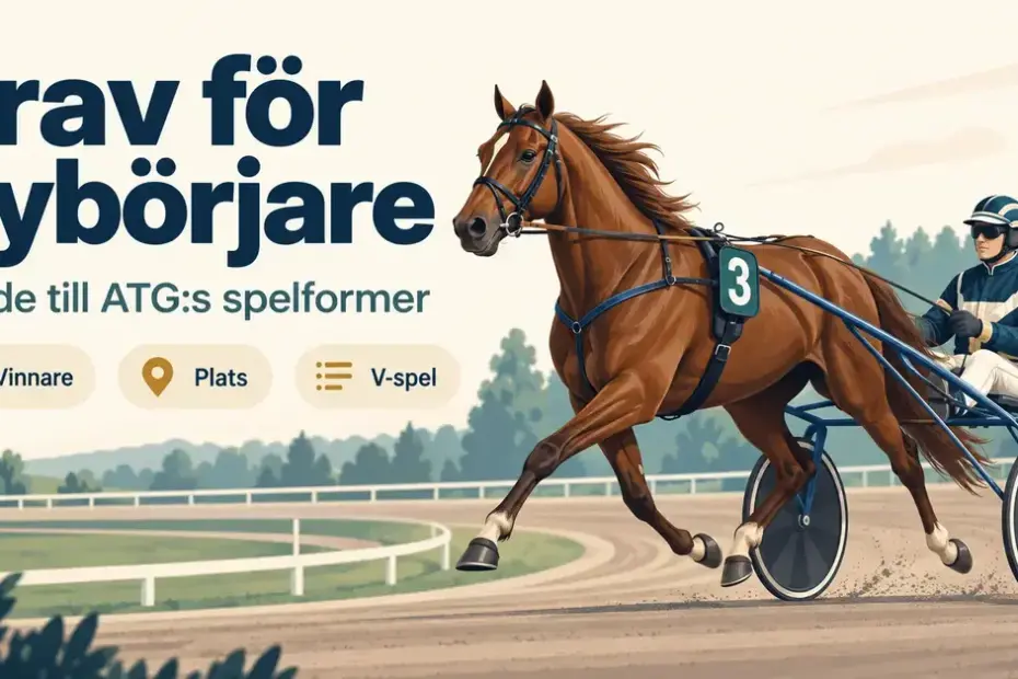 Illustration av en travhäst med sulky och kusk på en travbana intill rubriken ”Trav för nybörjare” och spelformerna Vinnare, Plats och V-spel.