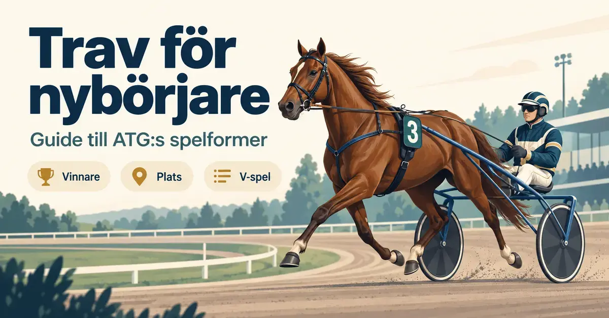 Illustration av en travhäst med sulky och kusk på en travbana intill rubriken ”Trav för nybörjare” och spelformerna Vinnare, Plats och V-spel.