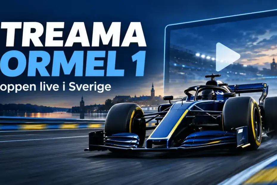 Blå och gul formelbil framför en skärm med uppspelningssymbol och texten ”Streama Formel 1 – Se loppen live i Sverige” samt årtalet 2026.