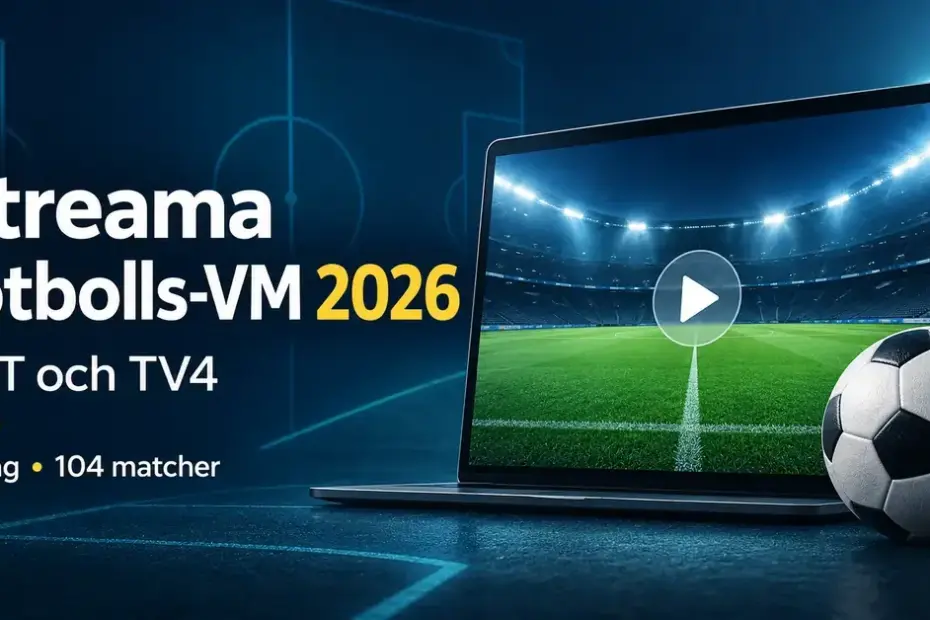 Grafik med en fotboll och en dator som visar en fotbollsplan med uppspelningssymbol samt text om att streama fotbolls-VM 2026 på SVT och TV4.