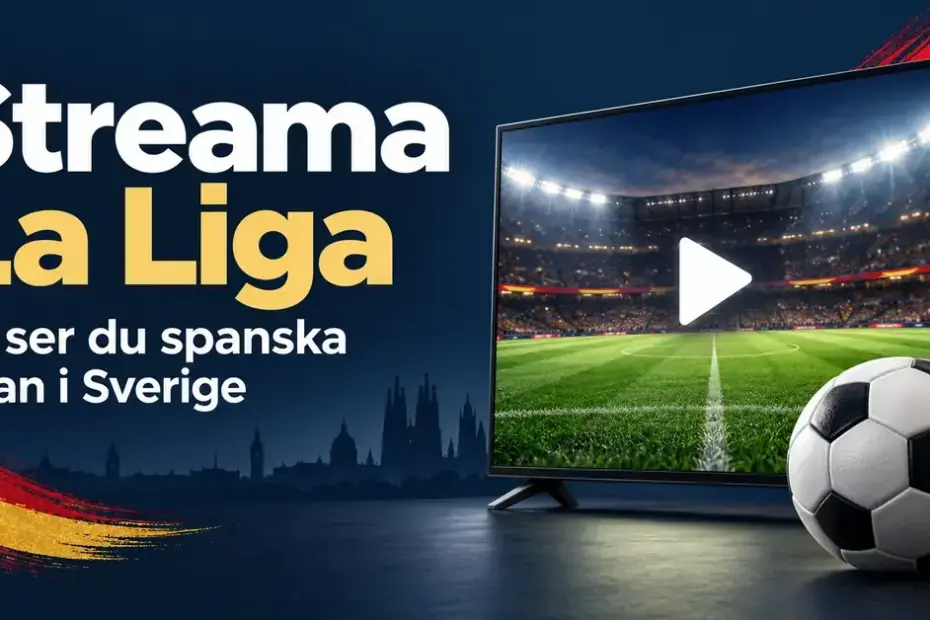 Grafik med texten ”Streama La Liga – Så ser du spanska ligan i Sverige”, en tv med fotbollsplan och uppspelningssymbol samt en fotboll i förgrunden.