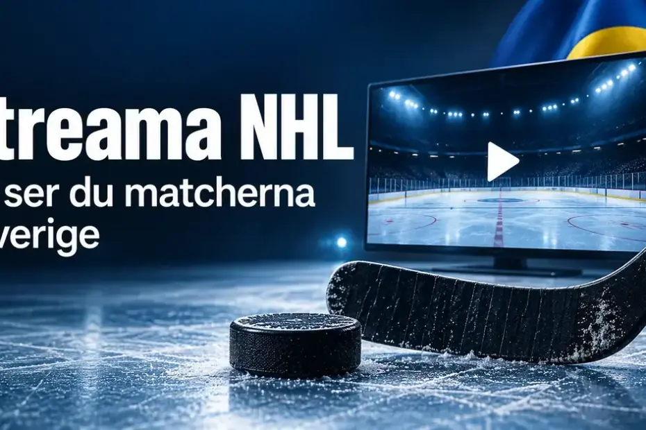 Grafik med texten ”Streama NHL – Så ser du matcherna i Sverige”, en skärm med en ishockeyrink, en hockeyklubba, en puck och en svensk flagga.