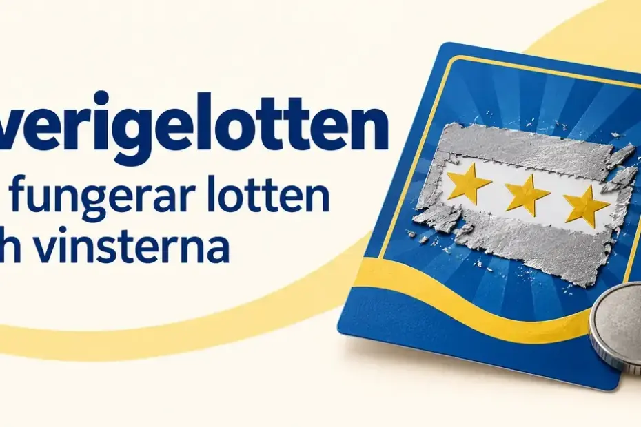 Illustration av en blågul skraplott med tre framskrapade stjärnor och ett mynt intill rubriken ”Sverigelotten – Så fungerar lotten och vinsterna”.