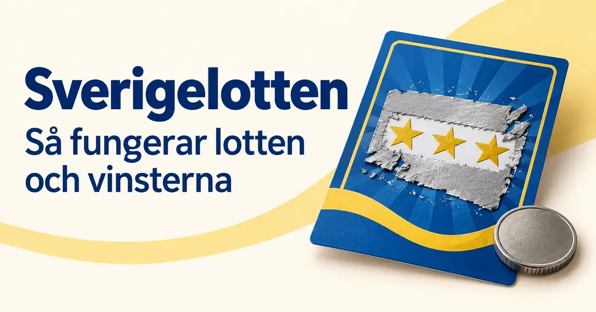 Illustration av en blågul skraplott med tre framskrapade stjärnor och ett mynt intill rubriken ”Sverigelotten – Så fungerar lotten och vinsterna”.