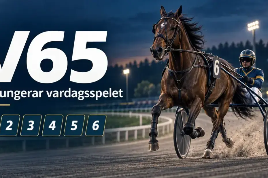 Illustration av en travhäst med sulky och kusk på en upplyst travbana, med texten ”V65 – Så fungerar vardagsspelet” och sex numrerade rutor.