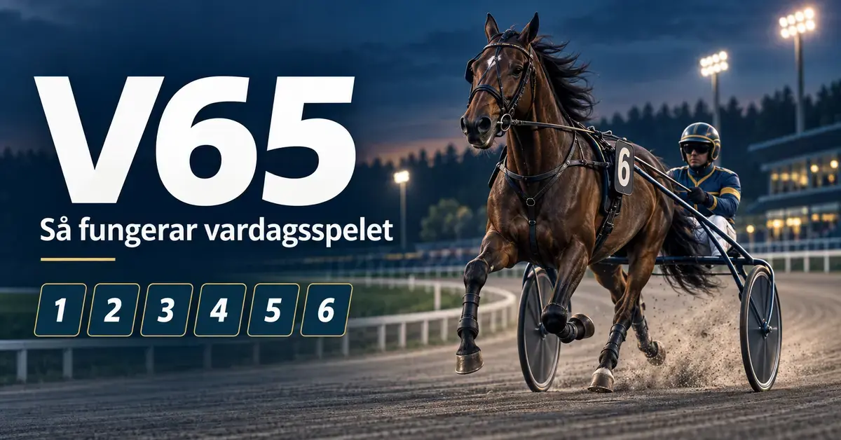 Illustration av en travhäst med sulky och kusk på en upplyst travbana, med texten ”V65 – Så fungerar vardagsspelet” och sex numrerade rutor.