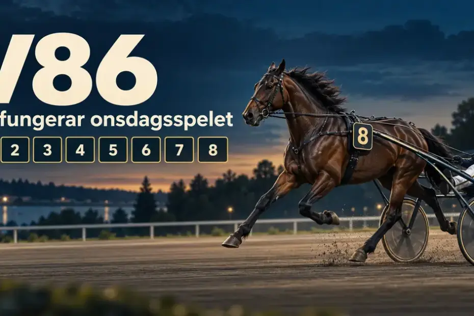 Illustration av en travhäst med sulky och kusk på en kvällsbelyst travbana, med texten ”V86 – Så fungerar onsdagsspelet” och åtta numrerade rutor.