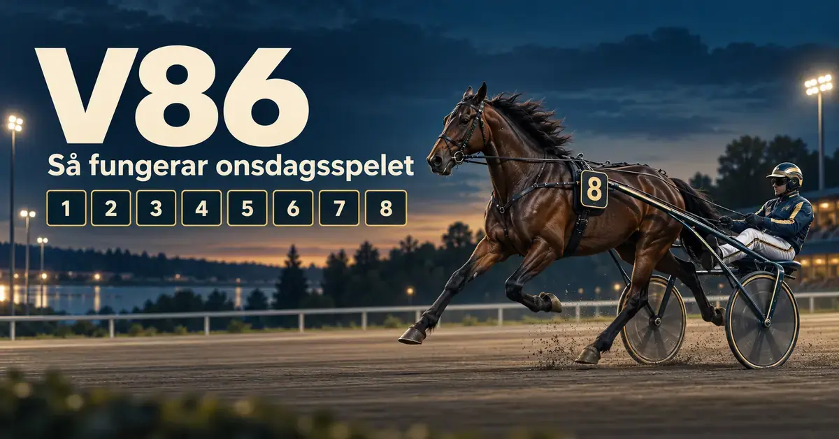 Illustration av en travhäst med sulky och kusk på en kvällsbelyst travbana, med texten ”V86 – Så fungerar onsdagsspelet” och åtta numrerade rutor.